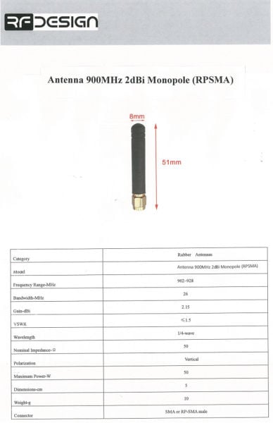 900MHz 2dBi Monopole ANTEN (RPSMA)