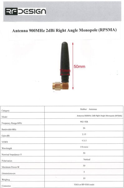 ANTEN 900MHz 2dBi Right Angle Monopole (RPSMA)