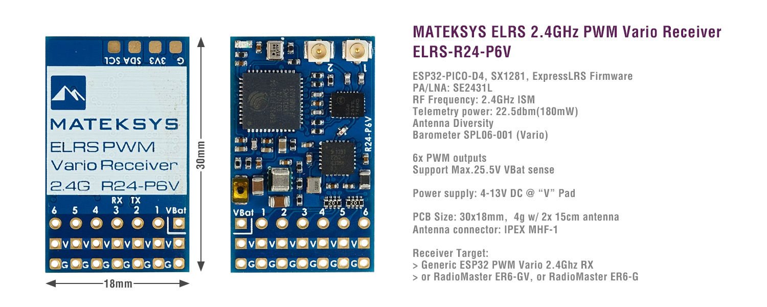 ELRS 2.4GHz PWM Vario Receiver, ELRS-R24-P6V