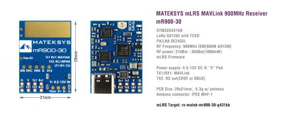 MATEKSYS mLRS MAVLink 900MHz Receiver, mR900-30