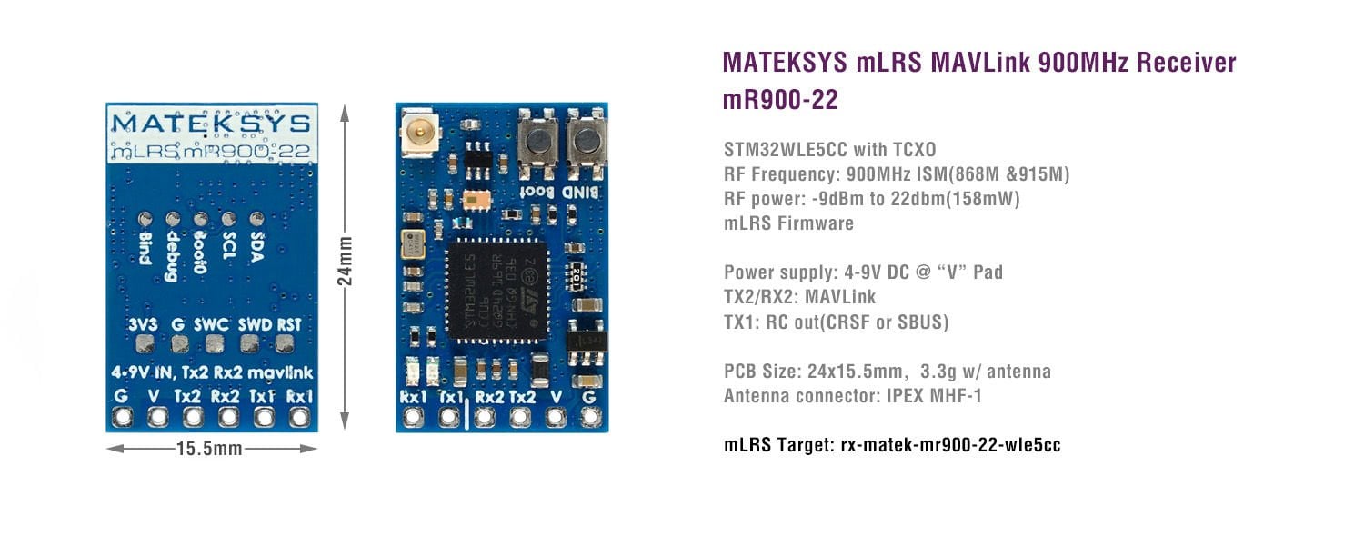 MATEKSYS mLRS MAVLink 900MHz Receiver, mR900-22