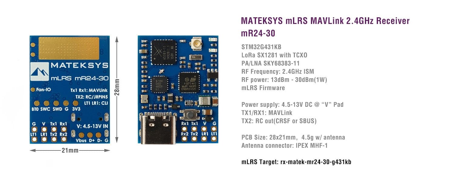 MATEKSYS mLRS MAVLink 2.4GHz Receiver, mR24-30